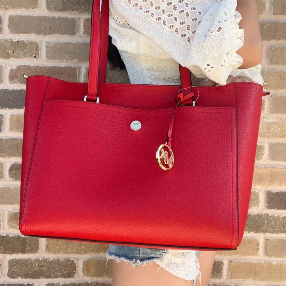 Michael Kors Maisie 3 in 1 Tote Large Leather Bag Flame Red - Picture 9 of 13